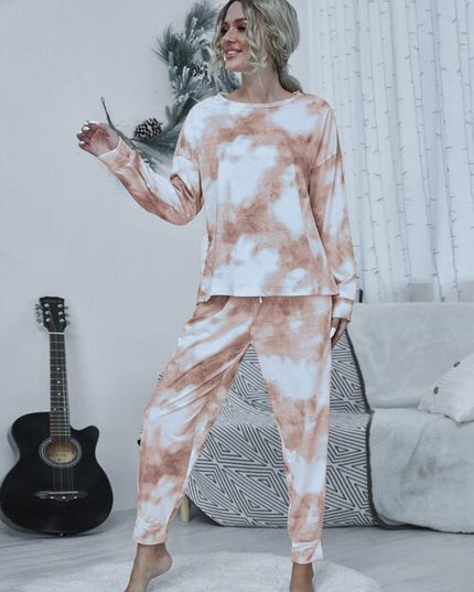 Tie-dye Round Neck Top and Drawstring Pants Lounge Set