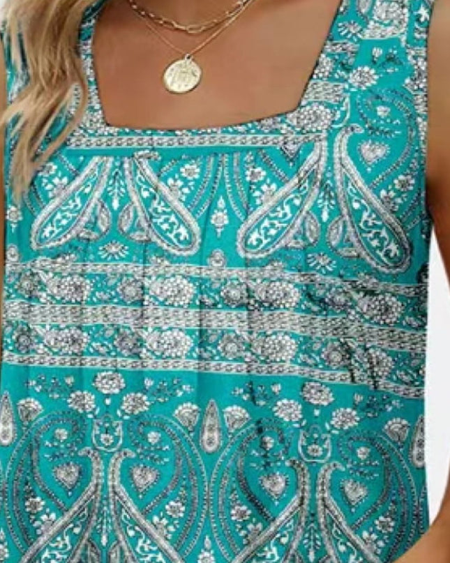 Printed Square Neck Curved Hem Tank