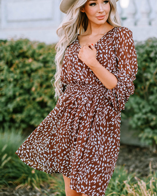 Printed Balloon Sleeve V-Neck Dress