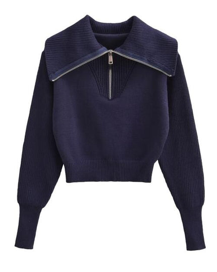 Half Zip Ribbed Collared Neck Knit Top