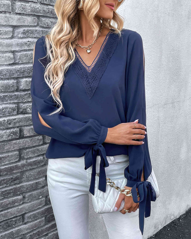 Double Take V-Neck Tie Cuff Slit Blouse