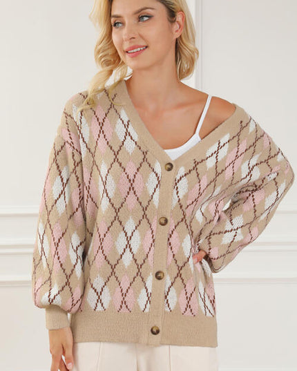 Button Up Geometric Dropped Shoulder Cardigan