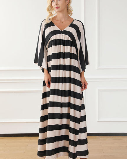 Striped V-Neck Ruched Dress