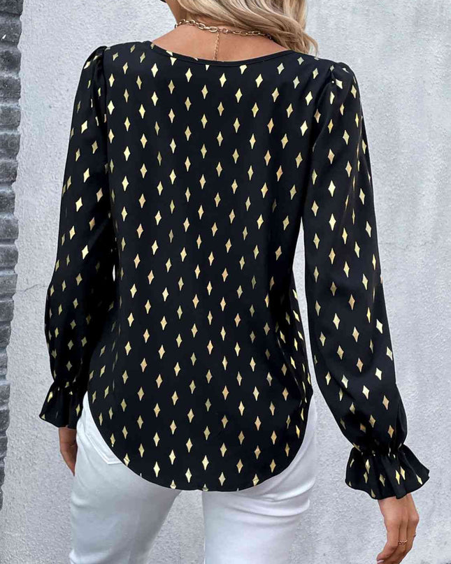 Double Take Printed Round Neck Flounce Sleeve Blouse