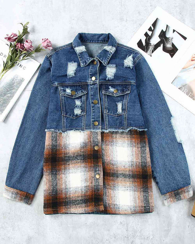 Plaid Distressed Raw Hem Snap Down Denim Jacket