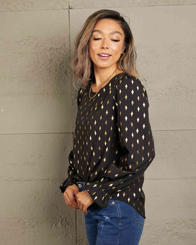 Double Take Printed Round Neck Flounce Sleeve Blouse