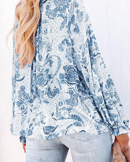Floral Tie Neck Flounce Sleeve Blouse