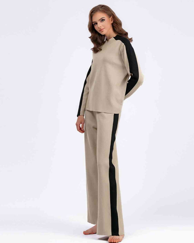 Contrast Sweater and Knit Pants Set