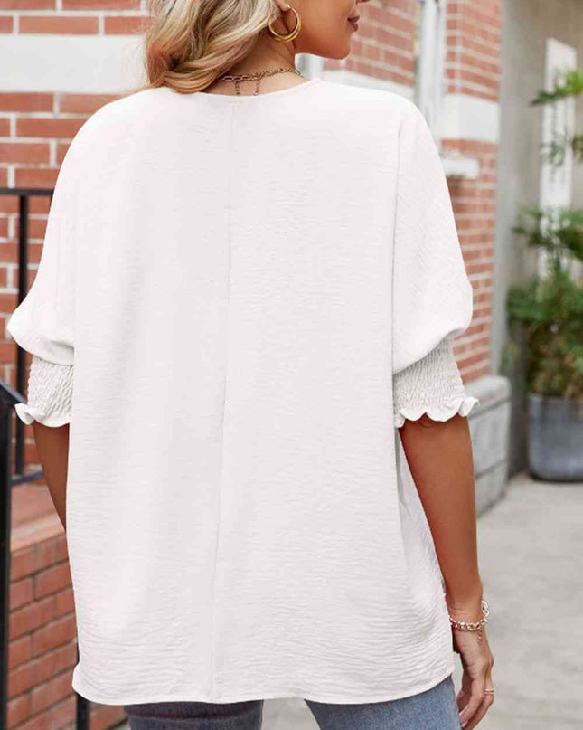 Round Neck Smocked Lantern Sleeve Blouse