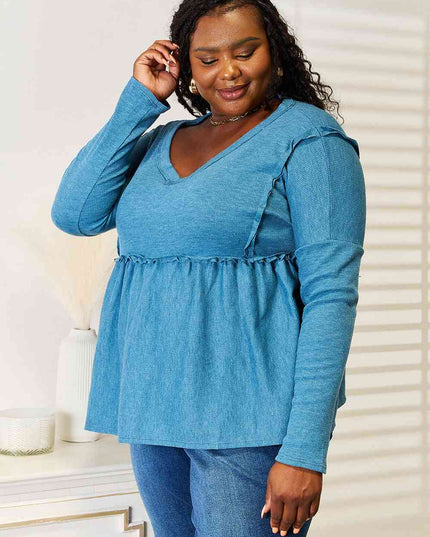 Jade By Jane Full Size Frill Trim Babydoll Blouse