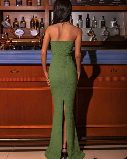 Flower Detail Strapless Slit Dress