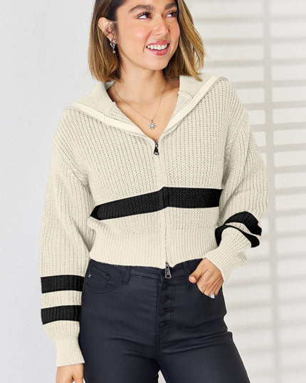 Striped Zip Up Dropped Shoulder Cardigan