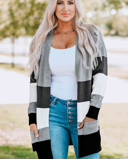 Woven Right Color Block Open Front Ribbed Cuff Cardigan with Pockets