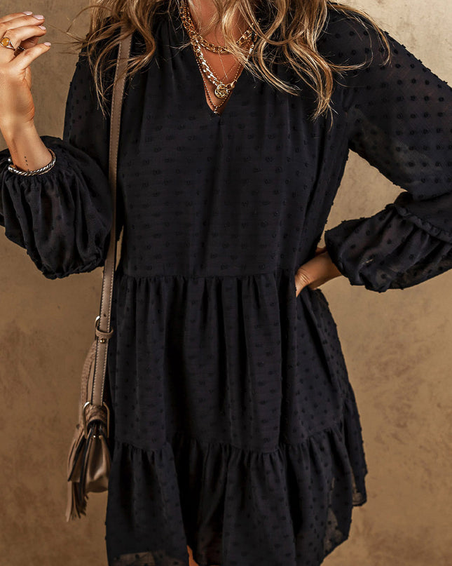 Swiss Dot V-Neck Ruffle Trim Mini Tiered Dress