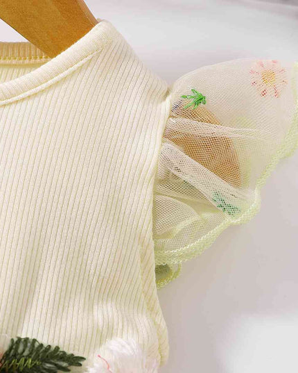 Embroidered Round Neck Flutter Sleeve Dress
