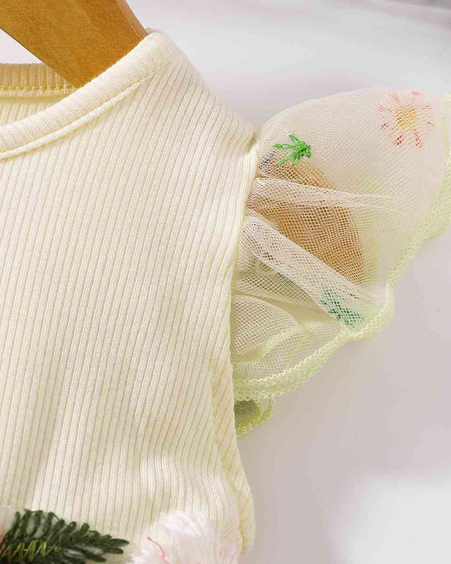 Embroidered Round Neck Flutter Sleeve Dress