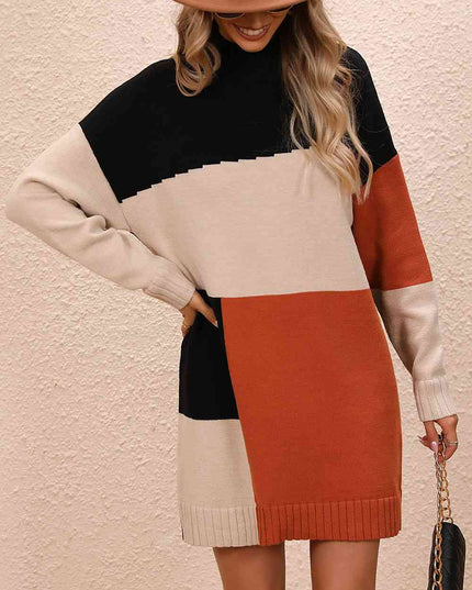 Color Block Mock Neck Dropped Shoulder Sweater Dress