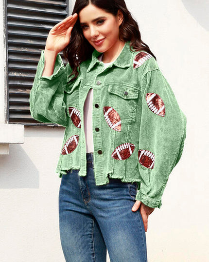 Football Sequin Raw Hem Collared Neck Jacket