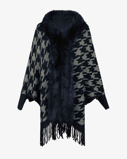 Houndstooth Fringe Hem Poncho