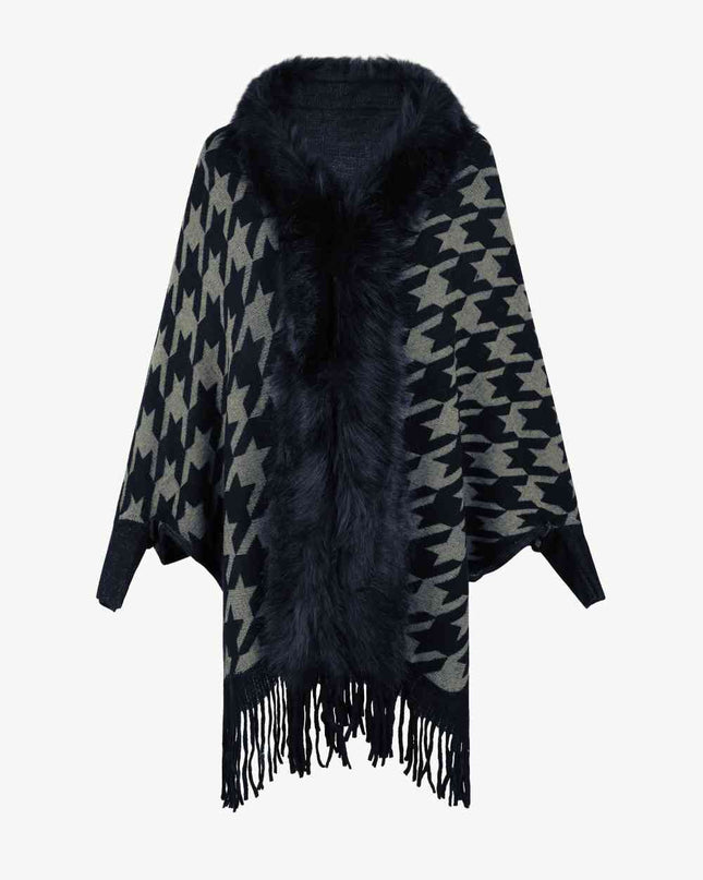 Houndstooth Fringe Hem Poncho