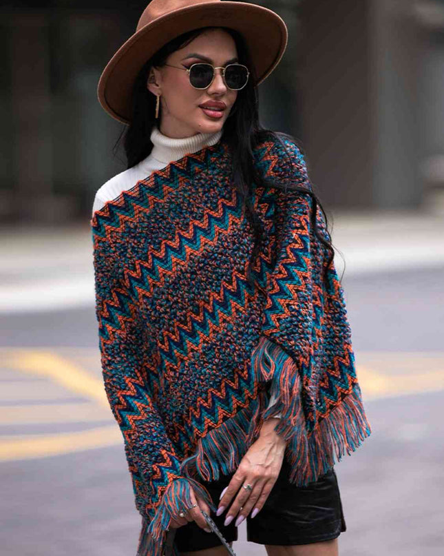 Fringe Hem Boat Neck Poncho