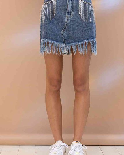Rhinestone Fringe Denim Skirt