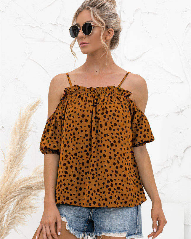 Printed Cold-Shoulder Frill Trim Blouse
