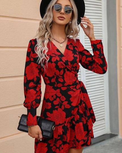 Floral Print Surplice Neck Tie Waist Dress