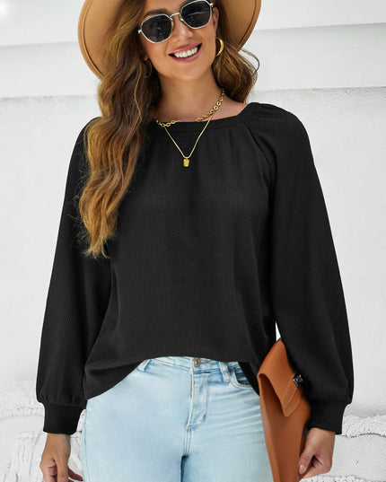 Waffle-Knit Long Raglan Sleeve Top