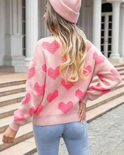Round Neck Dropped Shoulder Sweater with Heart Pattern