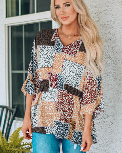 Leopard Patchwork V-Neck Top