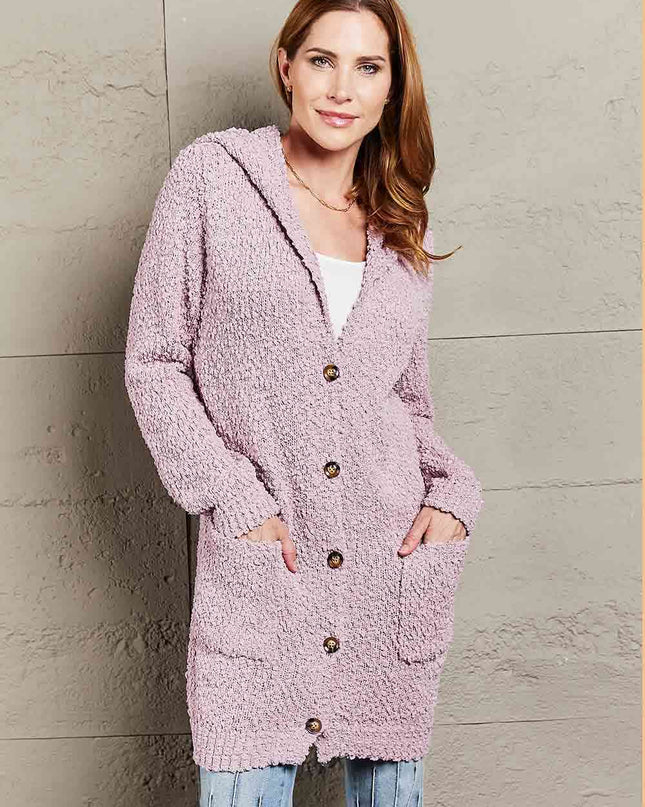 Double Take Popcorn-Knit Long Sleeve Hooded Cardigan