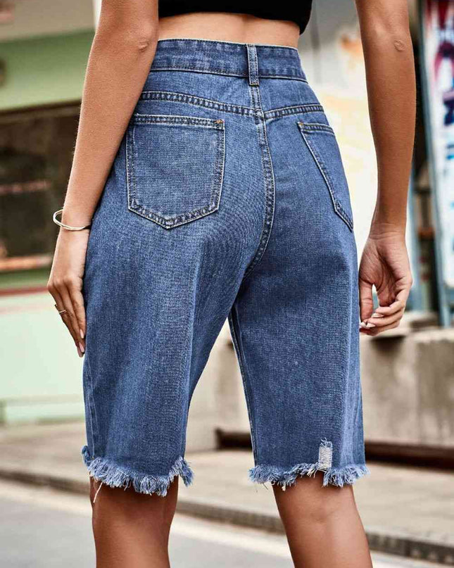 Raw Hem High Waist Denim Shorts with Pockets
