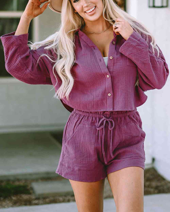 Buttoned Long Sleeve Top and Shorts Set