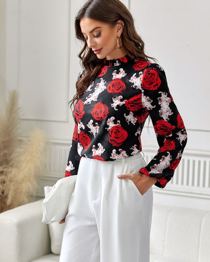 Floral Mock Neck Long Sleeve Blouse