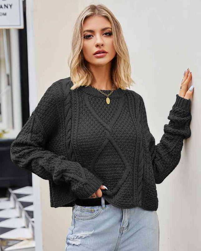 Cable-Knit Round Neck Dropped Shoulder Sweater