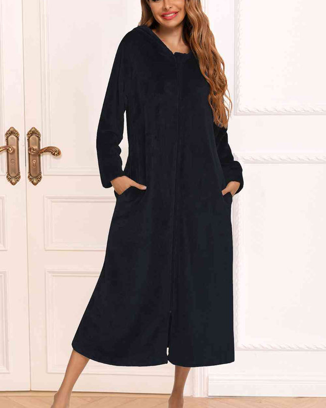 Zip Front Hooded Night Dress with Pockets