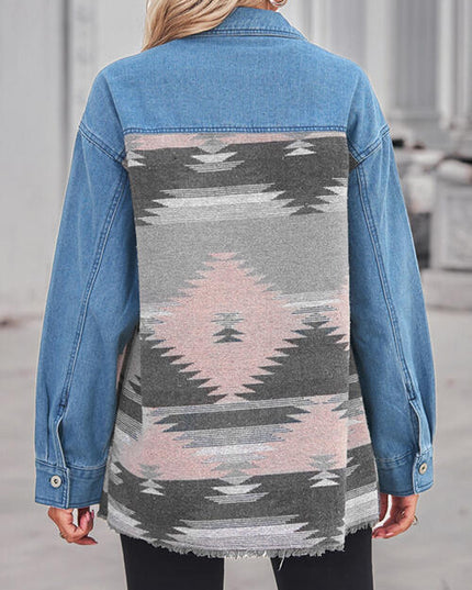 Geometric Raw Hem Button Up Denim Jacket