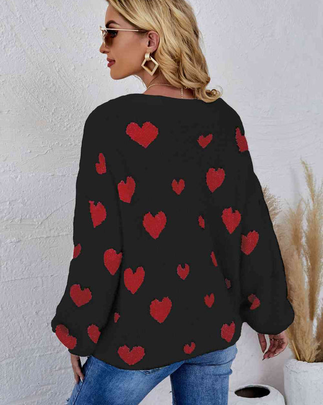 Woven Right Heart Print Fuzzy Crewneck Long Sleeve Sweater