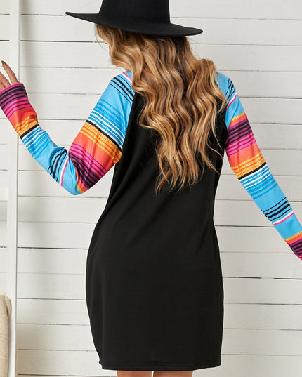 Striped Long Raglan Sleeve Round Neck Dress