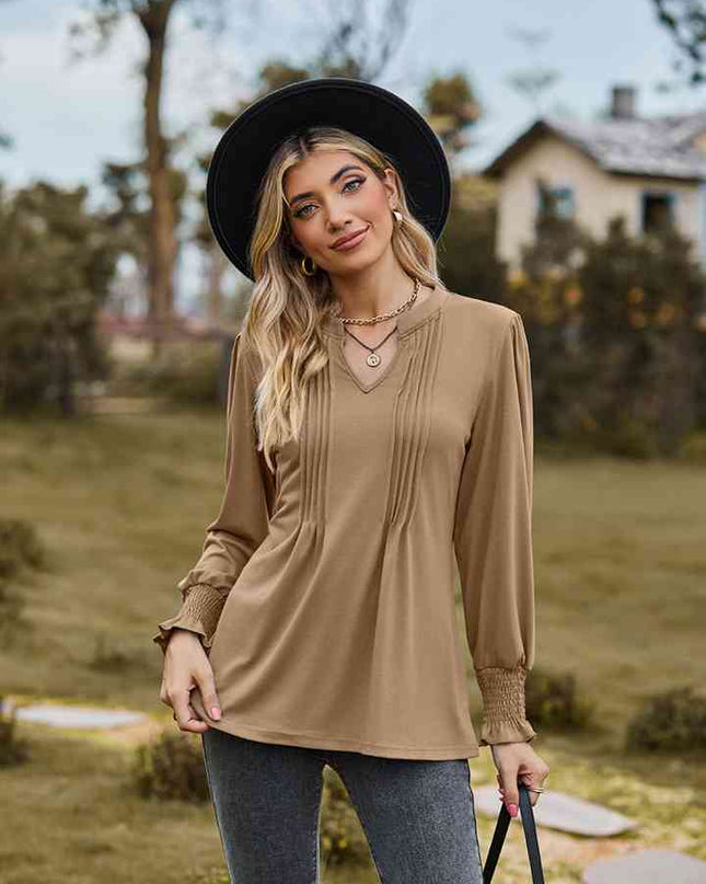 Notched Neck Flounce Sleeve Blouse