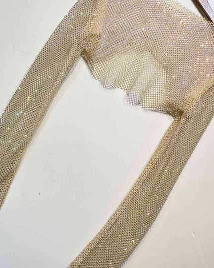 Rhinestone Openwork Long Sleeve Cropped Top