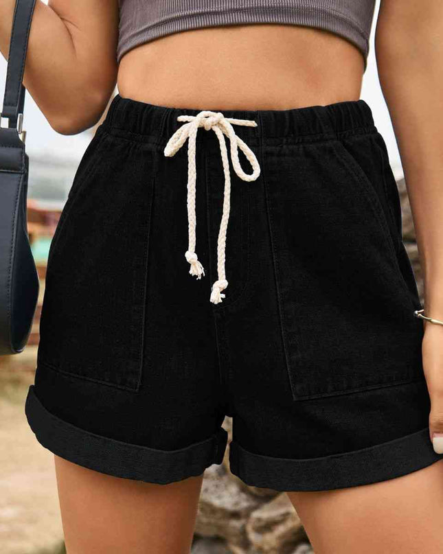 Drawstring High Waist Denim Shorts with Pockets