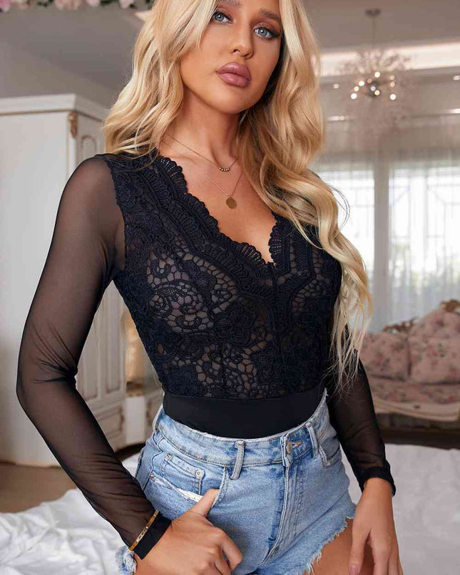 Spliced Lace Long Sleeve Scalloped V-Neck Bodysuit