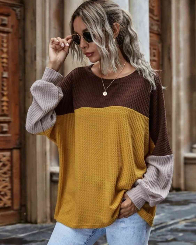 Color Block Waffle-Knit Long Sleeve Top