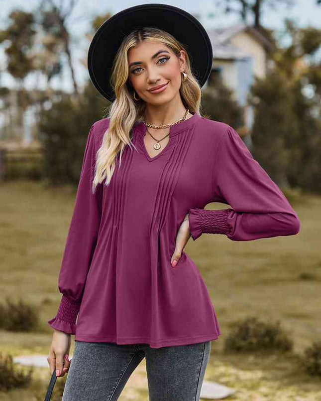 Notched Neck Flounce Sleeve Blouse