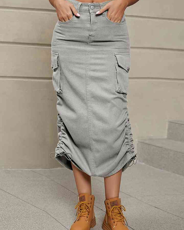Drawstring Denim Skirt with Pockets