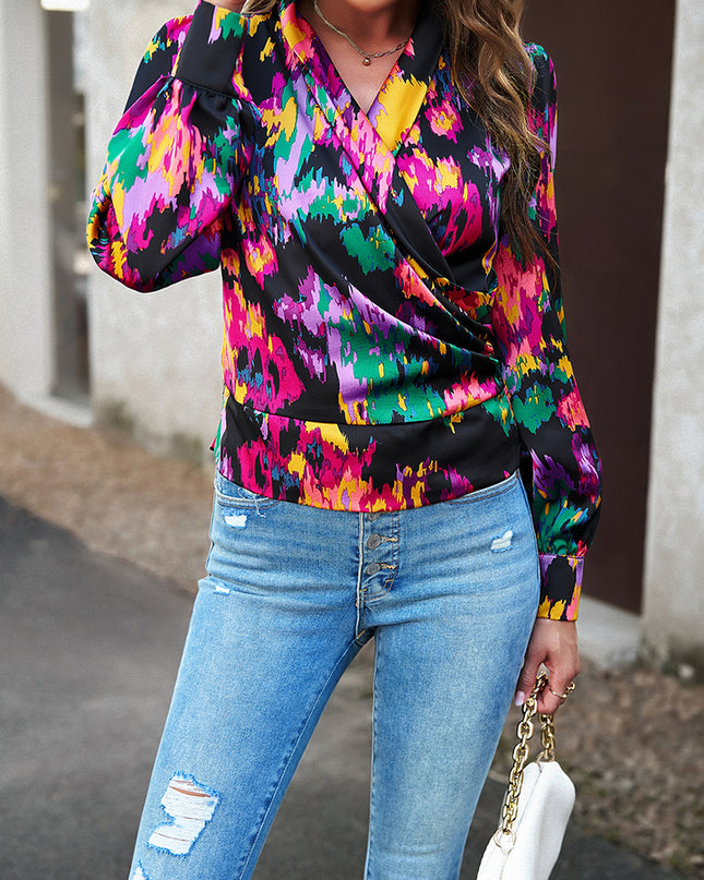 Printed Surplice Neck Long Sleeve Blouse