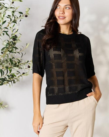 Double Take Ribbed Trim Round Neck Knit Top