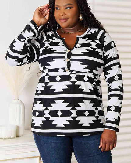 Heimish Full Size Geometric Notched Neck Long Sleeve Top